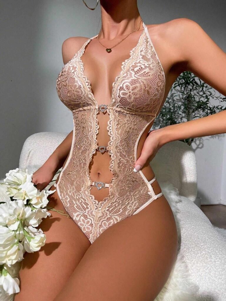 Classic Sexy Floral Lace Cut Out Halter Teddy Bodysuit
