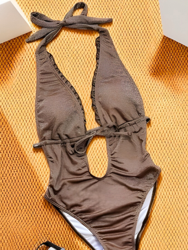 The ultimate beach show stopper Glittering Chocolate brown plunge swimsuit with ruffle accents