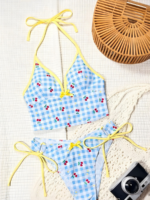 Flirty & Fun Retro Summer: Vintage inspire blue gingham & cherry two piece bikini - Image 2