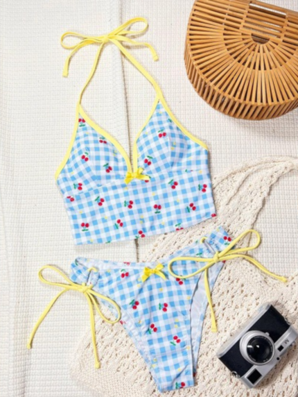 Flirty & Fun Retro Summer Vintage inspire blue gingham & cherry two piece bikini
