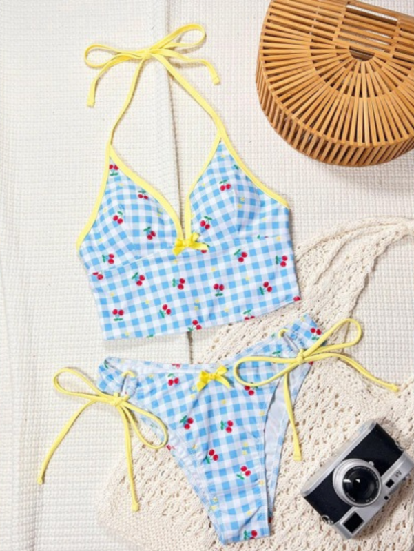 Flirty & Fun Retro Summer Vintage inspire blue gingham & cherry two piece bikini
