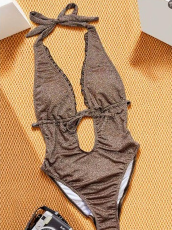 The ultimate beach show stopper Glittering Chocolate brown plunge swimsuit with ruffle accents