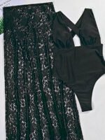 Black Deep V one-piece Swimsui & Sheer Maxi Skirt Set – Elegant Evening Resort Look