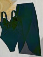 Black Floral Appliqué One‑Piece & Sheer Wrap Set – Elegant Resort Swim