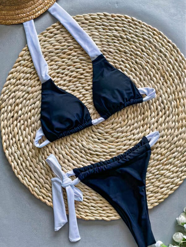 Black & White Contrast Triangle Bikini – Two‑Tone Tie‑Side Swim Set