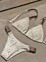 Crochet Boho Cream Lace & Leather Strap Luxe Bikini Set - Image 2