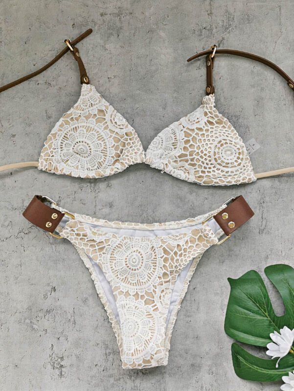Crochet Boho Cream Lace & Leather Strap Luxe Bikini Set