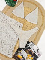 Crochet Breeze 3‑Piece Bikini Set – Cream Triangle Top, Bottom & Mini Skirt