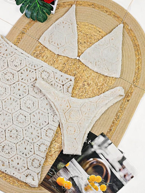 Crochet Breeze 3‑Piece Bikini Set – Cream Triangle Top, Bottom & Mini Skirt