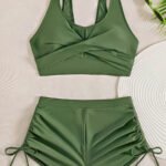 Olive Crisscross Sporty Swim Set – High‑Waist Ruched Shorts