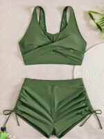 Olive Crisscross Sporty Swim Set – High‑Waist Ruched Shorts