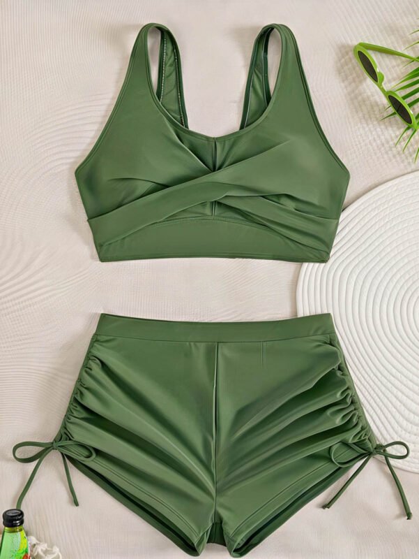 Olive Crisscross Sporty Swim Set – High‑Waist Ruched Shorts