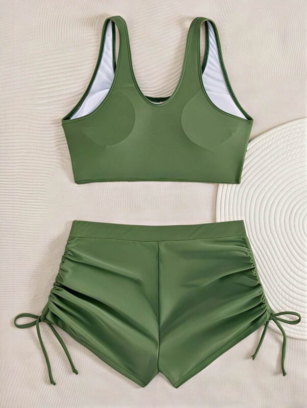 Olive Crisscross Sporty Swim Set – High‑Waist Ruched Shorts