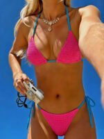 Pink Wave Textured Triangle Bikini – Blue Tie Accent Swim Set