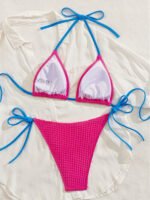 Pink Wave Textured Triangle Bikini – Blue Tie Accent Swim Set - Image 3