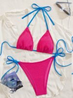 Pink Wave Textured Triangle Bikini – Blue Tie Accent Swim Set - Image 2
