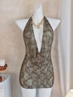 Sheer Wave Halter Mini Dress – Plunge Mesh Resort Cover‑Up