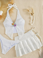 Starfish Luxe Textured Halter Bikini & Ruffle Skirt Set – White - Image 3