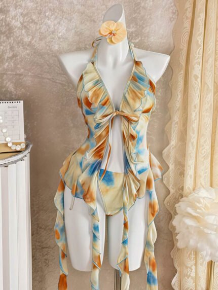 Sunset Splash Ruffle Halter Set – Tie‑Dye Boho Resortwear