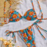 Tropical Bloom Ruched Tie Bikini Set – Turquoise Floral Swim