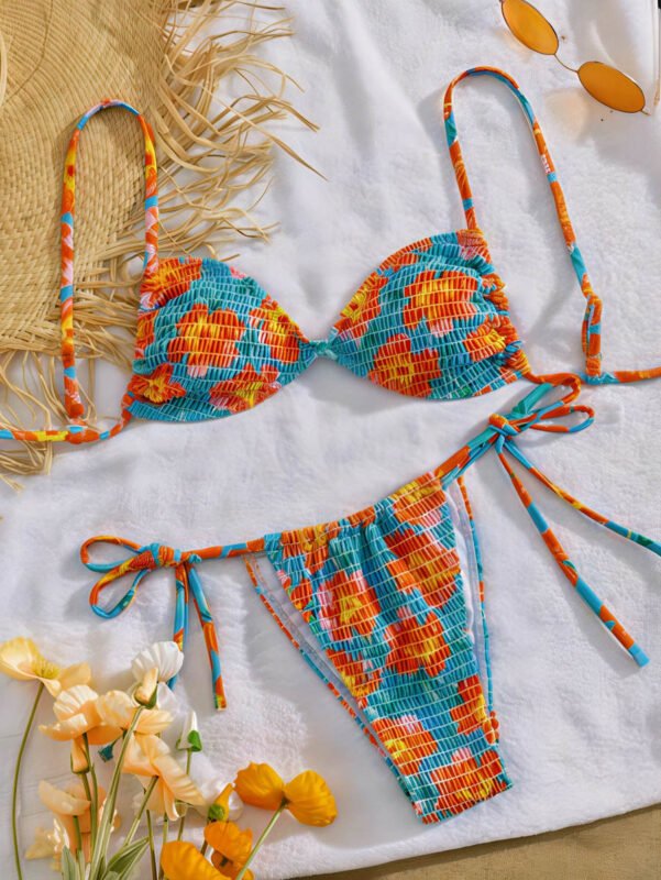 Tropical Bloom Ruched Tie Bikini Set – Turquoise Floral Swim