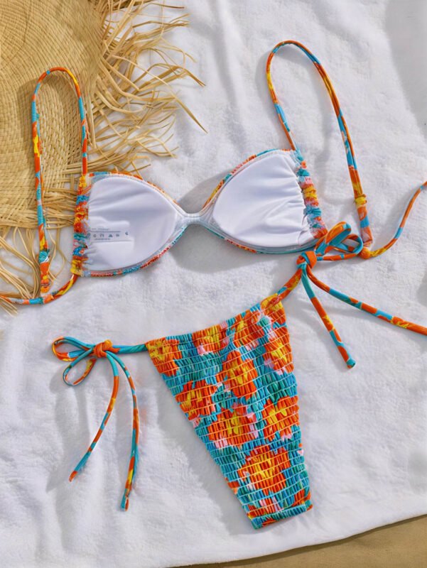 Tropical Bloom Ruched Tie Bikini Set – Turquoise Floral Swim