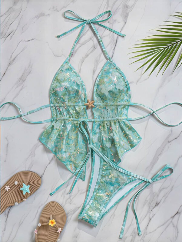Turquoise Starfish Peplum Halter Bikini – Floral Tie‑Side Swim Set