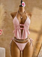 Pink Beaded Peplum Halter Bikini Set – Ruffle Tie‑Side Swim - Image 3