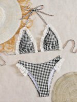 Gingham Ruffle Charm Tie Bikini Set – Black & White Check Swim - Image 3